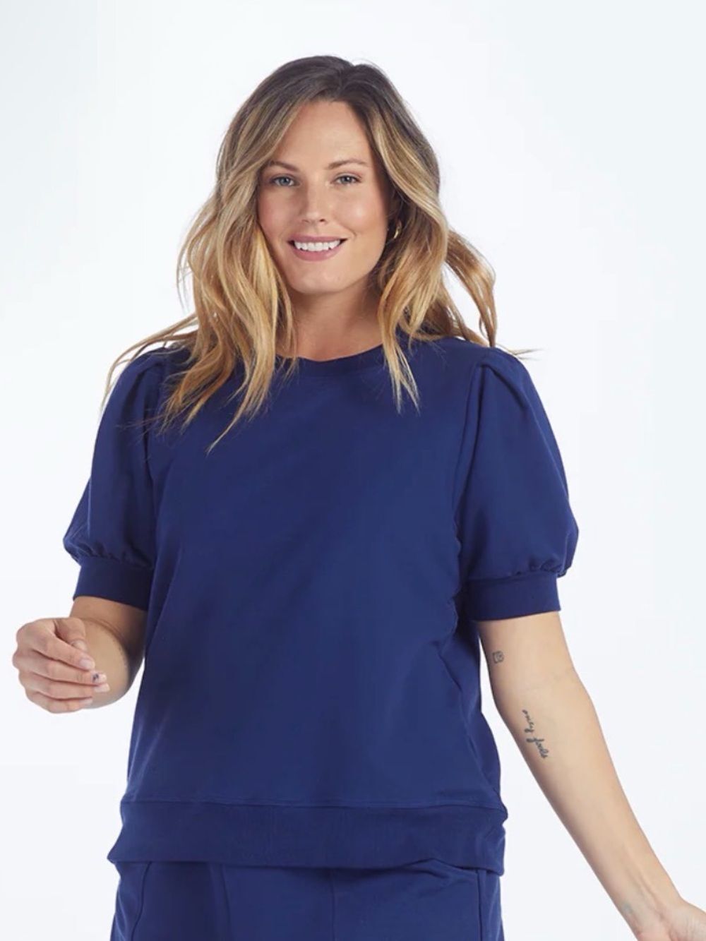 Summersalt The Softest French Terry Puff Short Sleeve Top in color Navy Size M